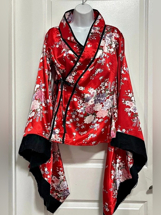 Unbranded Tops - Red Floral Satin Kimono Top & Black Bow Set Wrap Blouse Cosplay Festival L